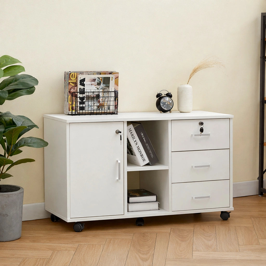 Breiter seitlicher Aktenschrank (3 Schubladen, 1 Tür)