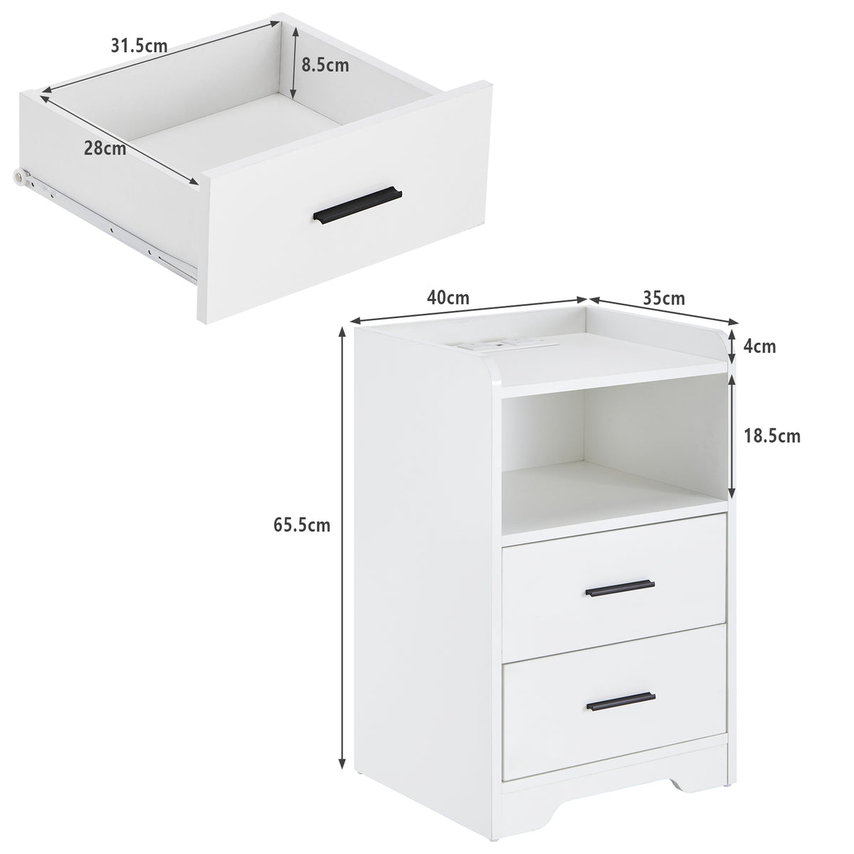 Kumar Hochglanz Nachttisch Weiß mit Steckdose & USB, Ladefunktion, LED Licht und 2 Schubladen