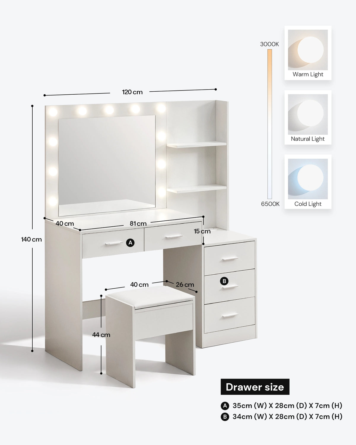 Aura Schminktisch mit LED-Spiegel und Hocker