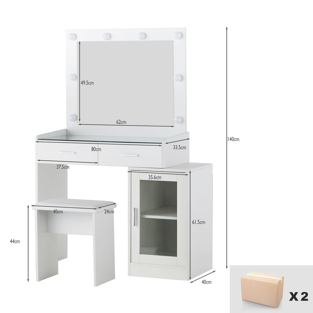 Melin Schminktisch-Set Weiß mit Spiegel, LED Beleuchtung und Hocker