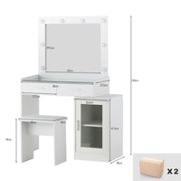Melin Schminktisch-Set Weiß mit Spiegel, LED Beleuchtung und Hocker