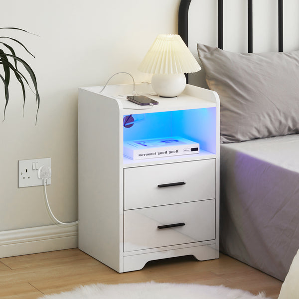 Kumar Hochglanz Nachttisch Weiß mit Steckdose & USB, Ladefunktion, LED Licht und 2 Schubladen