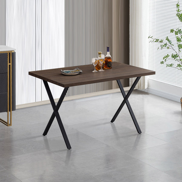 Rechteckiger Esszimmertisch aus brauner MDF-Platte, schwarzes X-gekreuztes Metallbein
