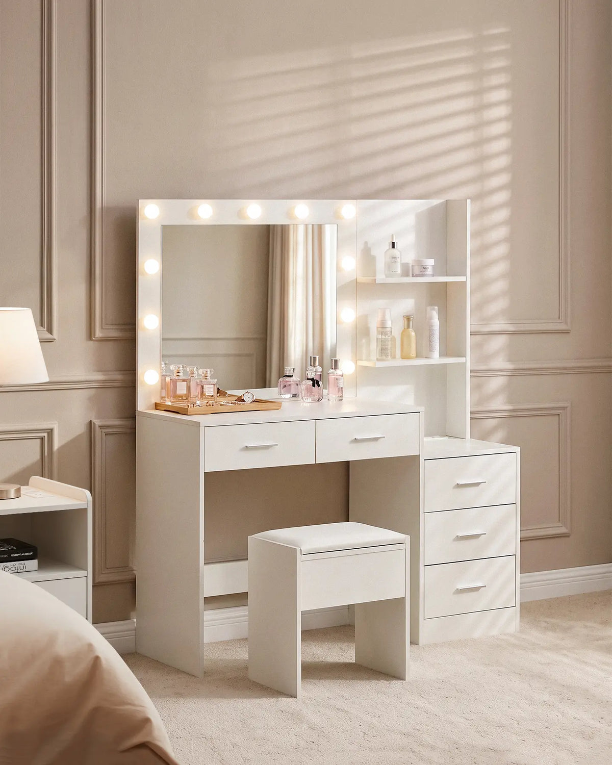 Aura Schminktisch mit LED-Spiegel und Hocker