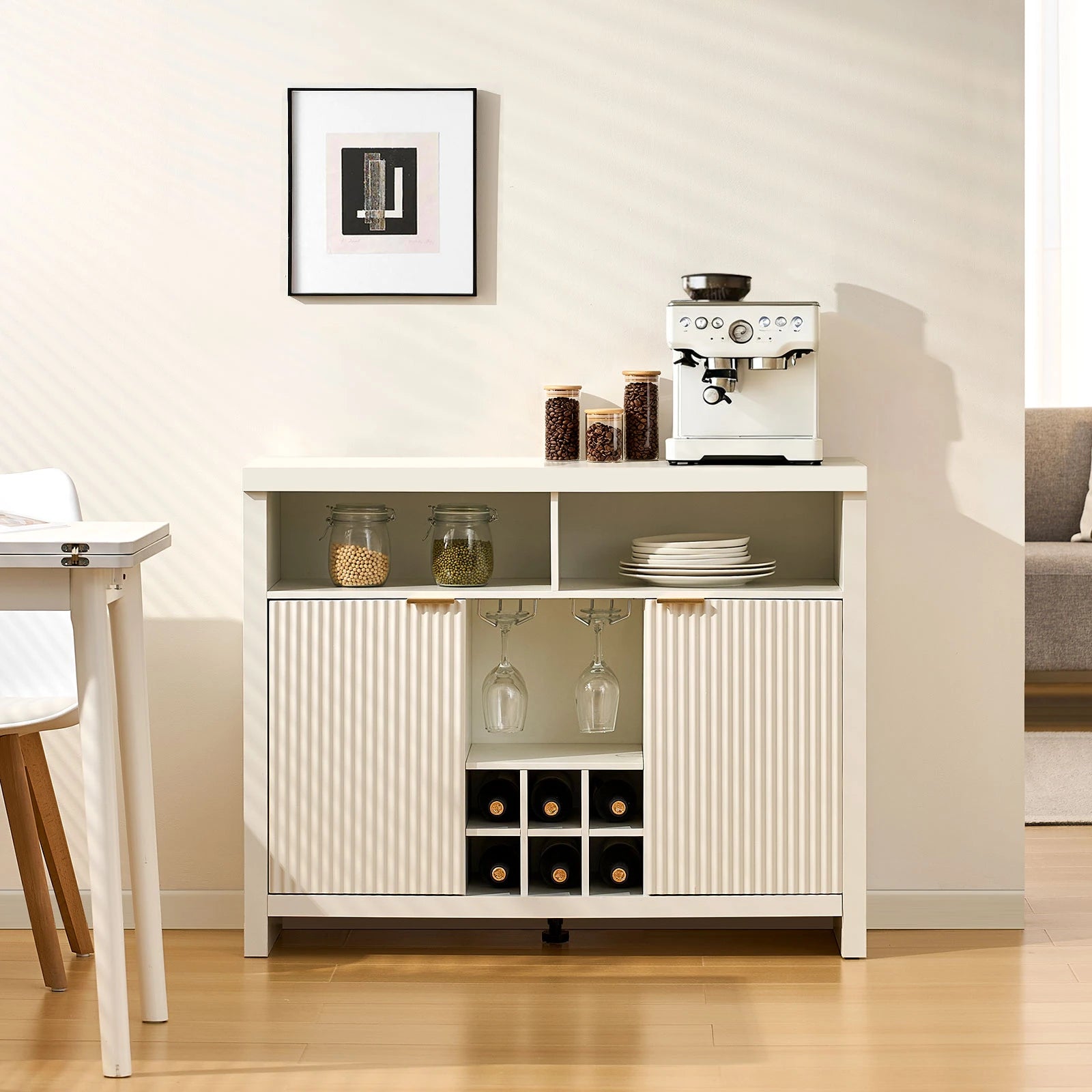 Sideboard Weiß mit Barfunktion & Weinregal