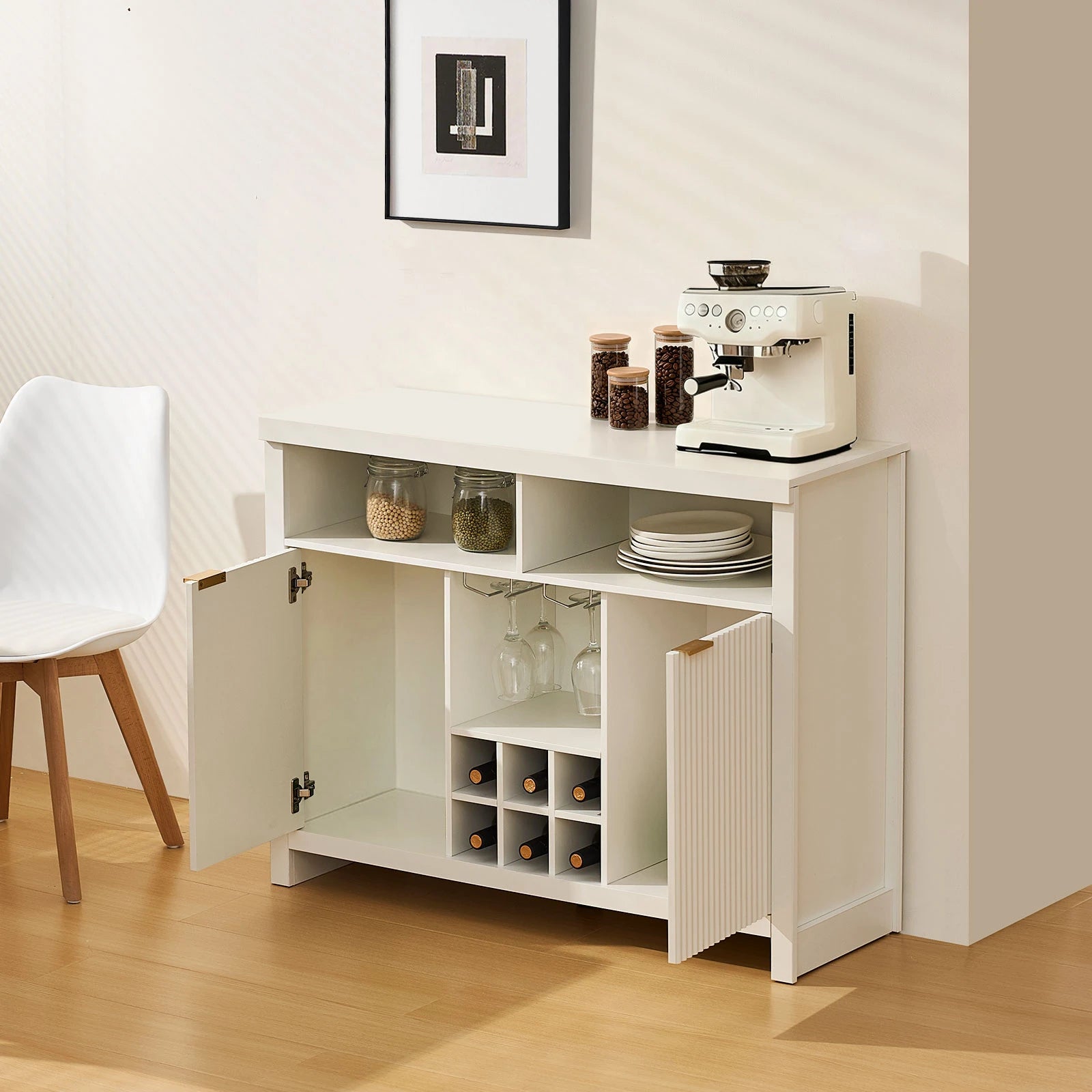 EIKO Sideboard Weiß mit Weinregal & Gläserhalter
