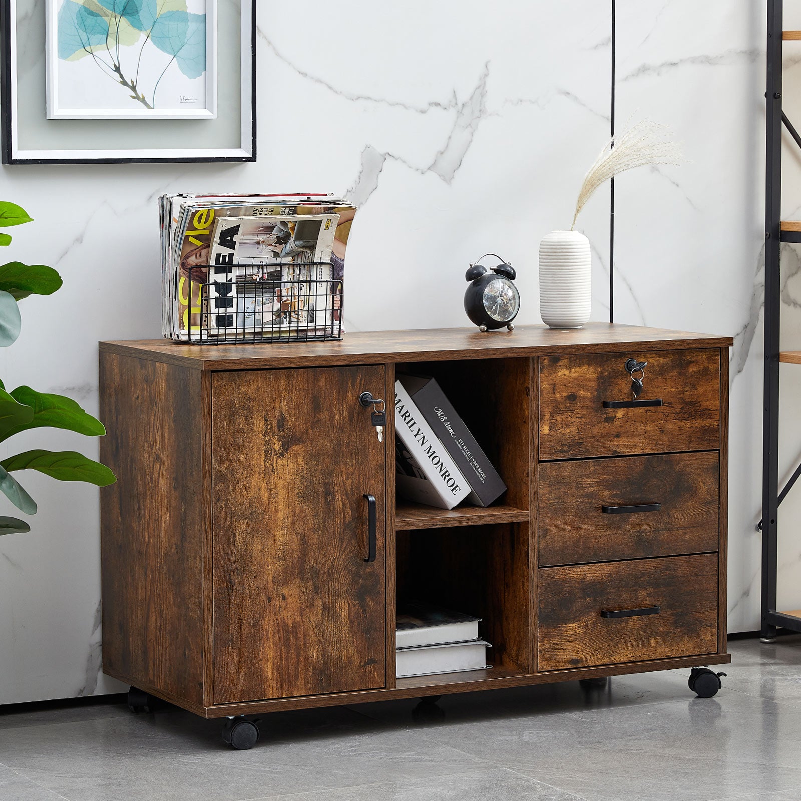 Breiter seitlicher Aktenschrank (3 Schubladen, 1 Tür)