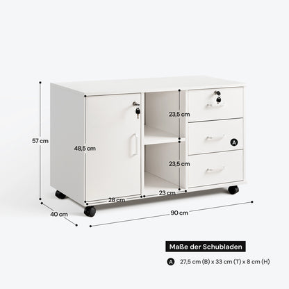 Breiter Rollcontainer mit 3 Schubladen und 1 Tür