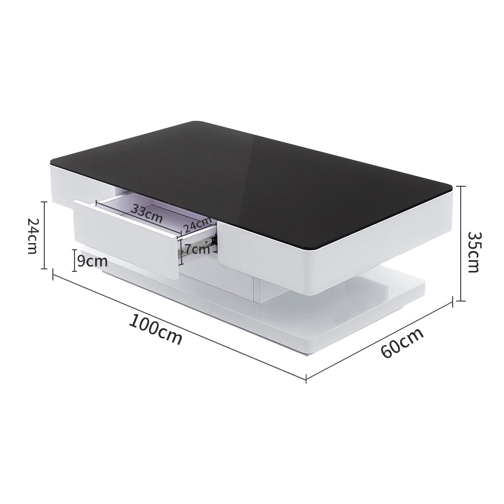 Hochglanz Glas Couchtisch Schwarz mit 2 Schubladen