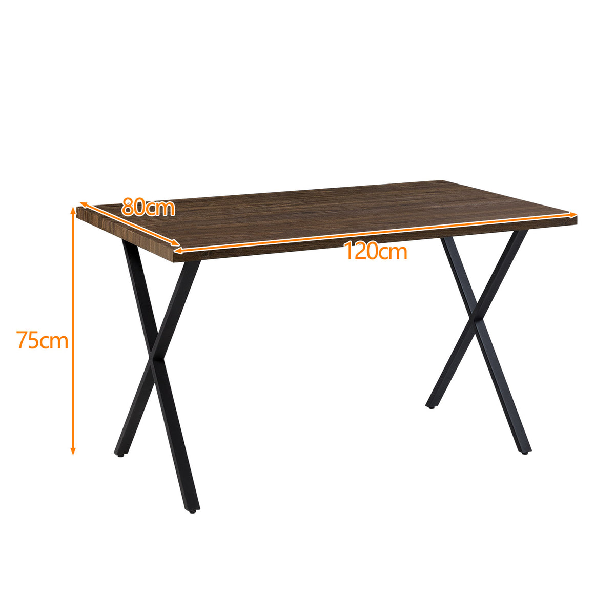 Rechteckiger Esszimmertisch aus brauner MDF-Platte, schwarzes X-gekreuztes Metallbein