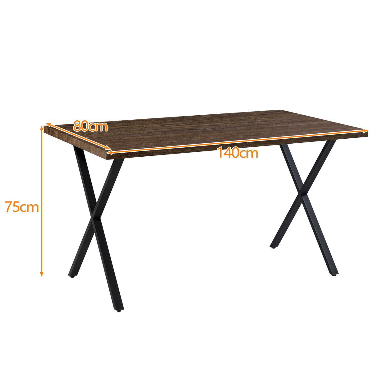 Rechteckiger Esszimmertisch aus brauner MDF-Platte, schwarzes X-gekreuztes Metallbein