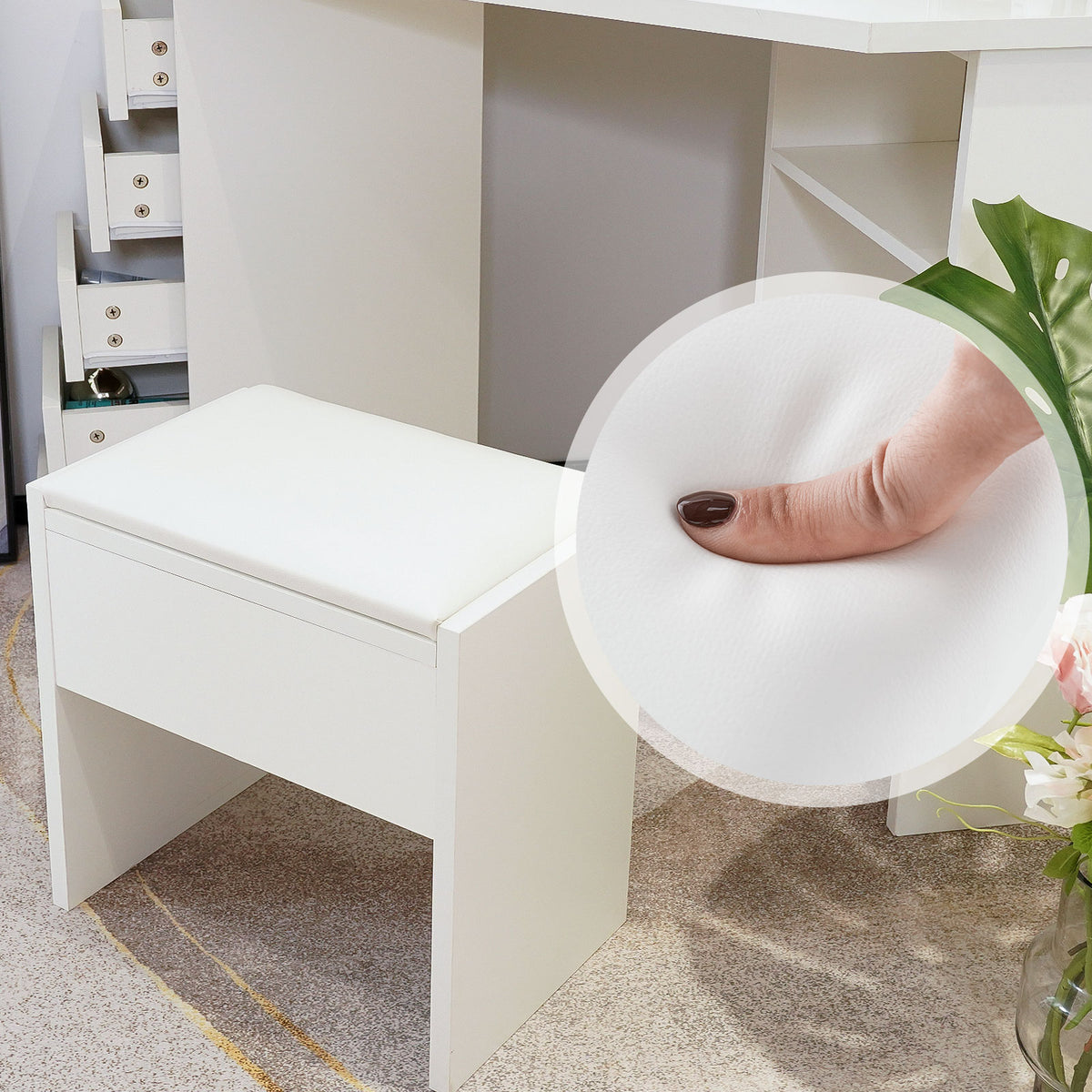 Roze Eck Schminktisch weiß mit Spiegel, LED Beleuchtung und Hocker