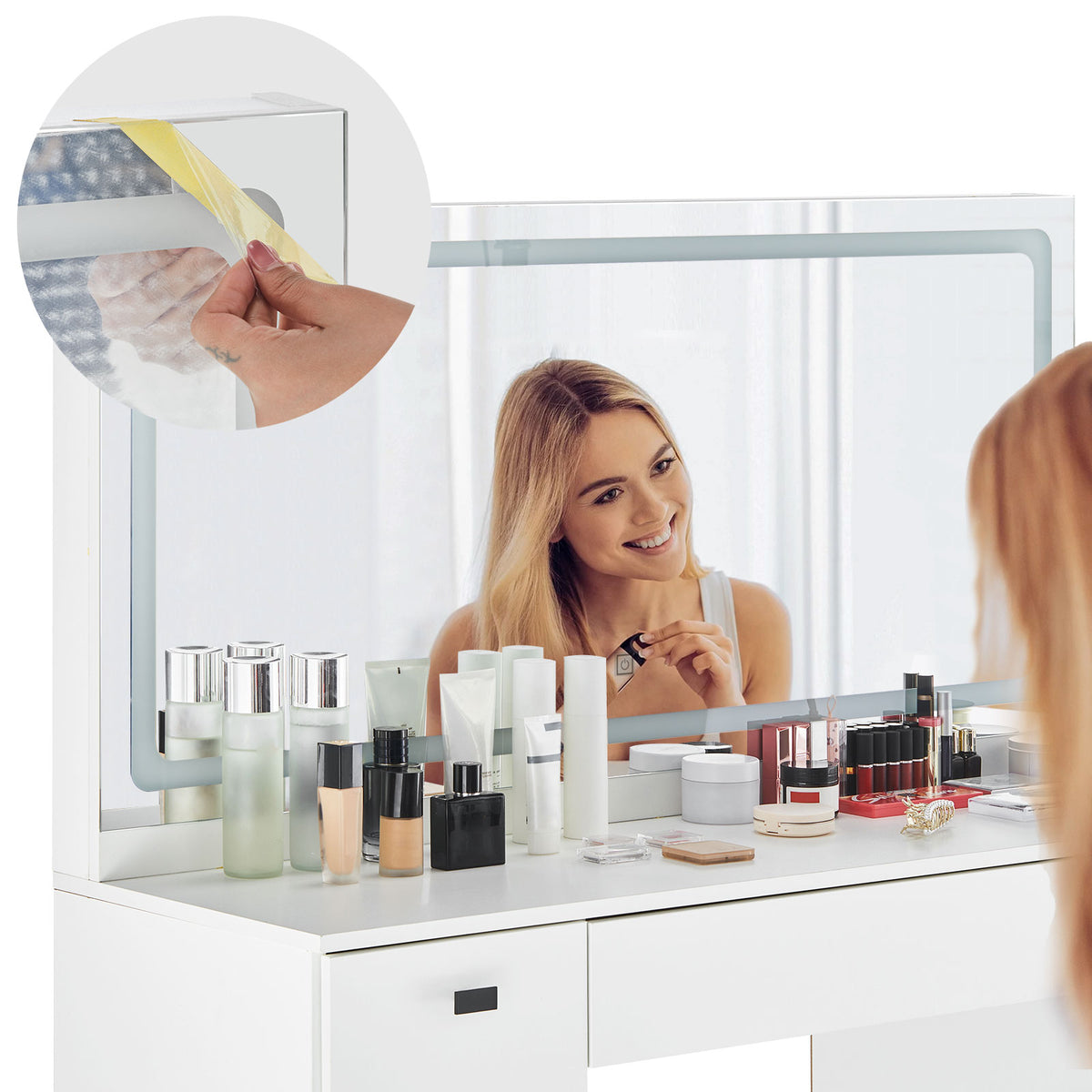 Anier LED Touch Schminktisch-Set Weiß mit Beleuchtung, Spiegel, Steckdose & USB, Ladefunktion und Hocker