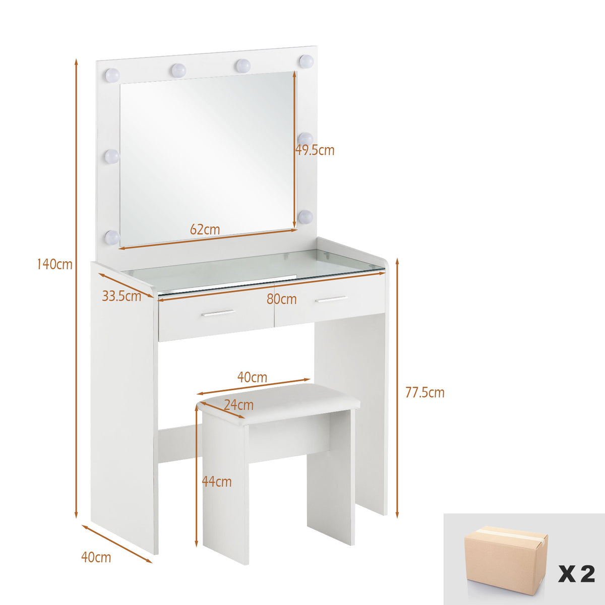 Meya Schminktisch-Set Weiß mit LED Beleuchtung, Spiegel und Hocker