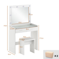 Meya Schminktisch-Set Weiß mit LED Beleuchtung, Spiegel und Hocker