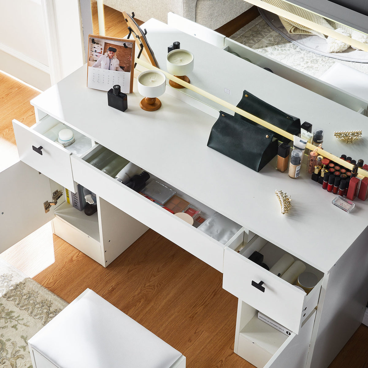 Anier LED Touch Schminktisch-Set Weiß mit Beleuchtung, Spiegel, Steckdose & USB, Ladefunktion und Hocker
