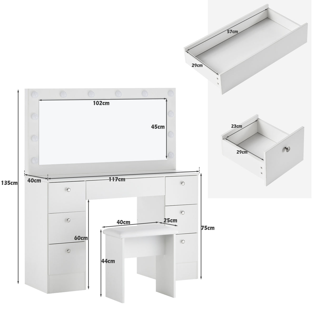 Anier Schminktisch-Set Weiß mit Spiegel, LED Beleuchtung und Hocker