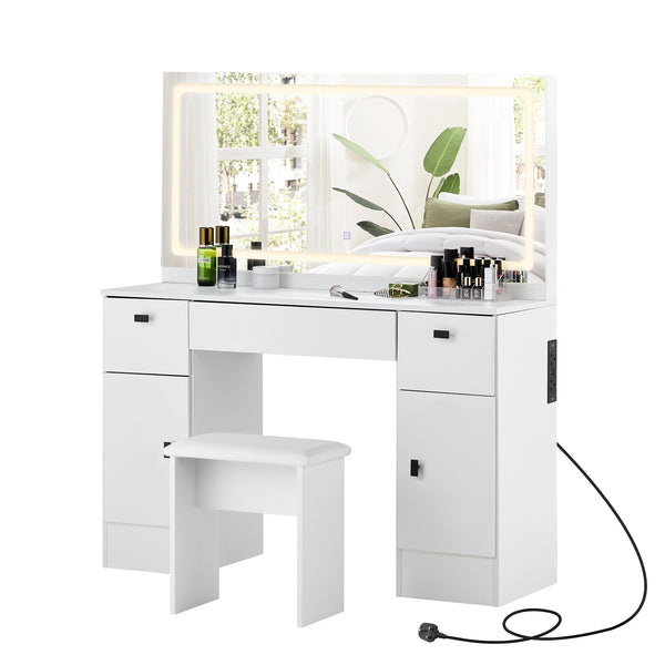 Anier LED Touch Schminktisch-Set Weiß mit Beleuchtung, Spiegel, Steckdose & USB, Ladefunktion und Hocker