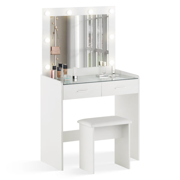 Meya Schminktisch-Set Weiß mit LED Beleuchtung, Spiegel und Hocker