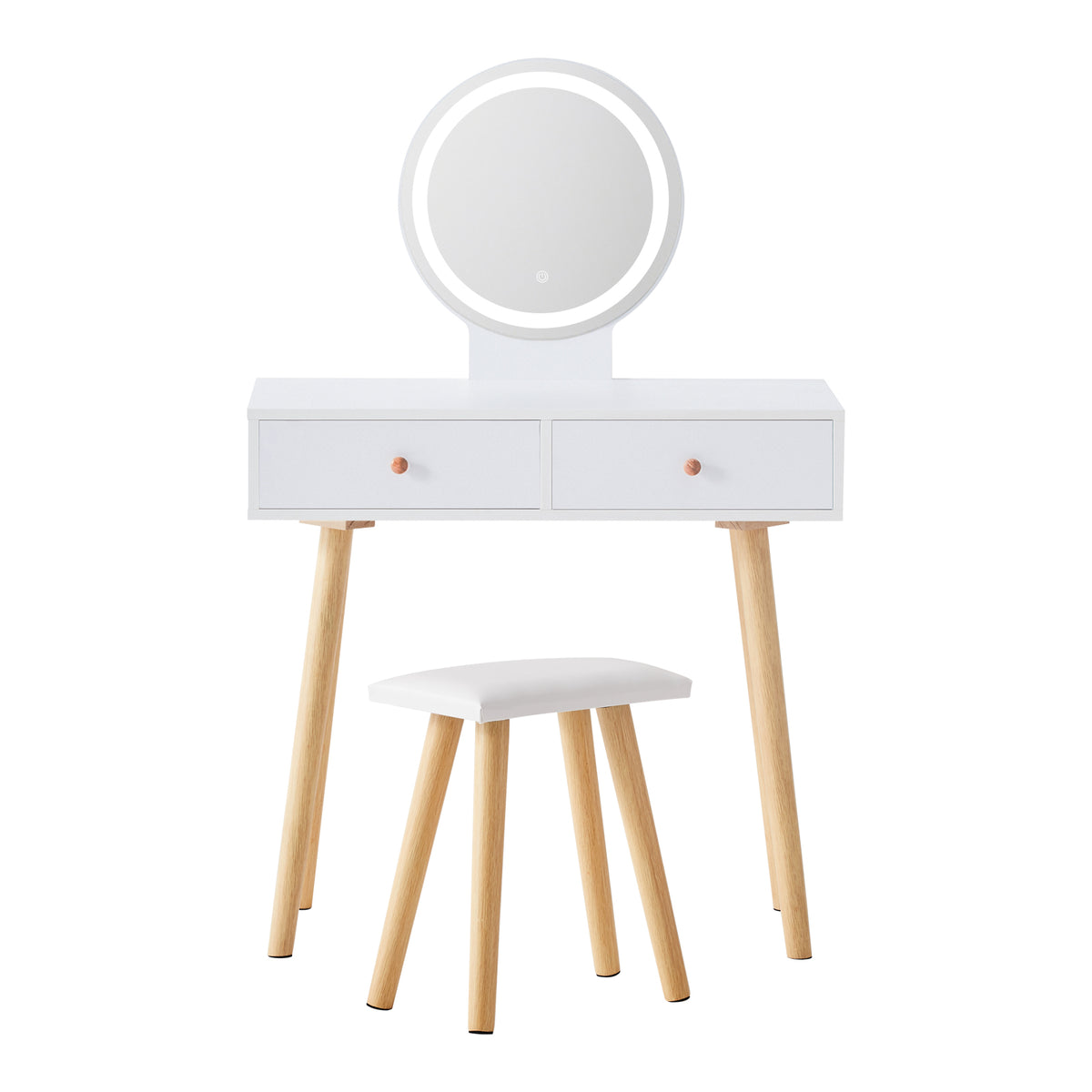 Salla Schminktisch-Set Weiß mit LED-Licht, Spiegel, 2 Schublade und Hocker