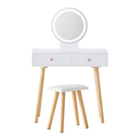Salla Schminktisch-Set Weiß mit LED-Licht, Spiegel, 2 Schublade und Hocker