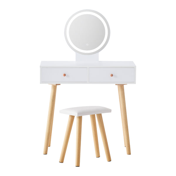 Salla Schminktisch-Set Weiß mit LED-Licht, Spiegel, 2 Schublade und Hocker