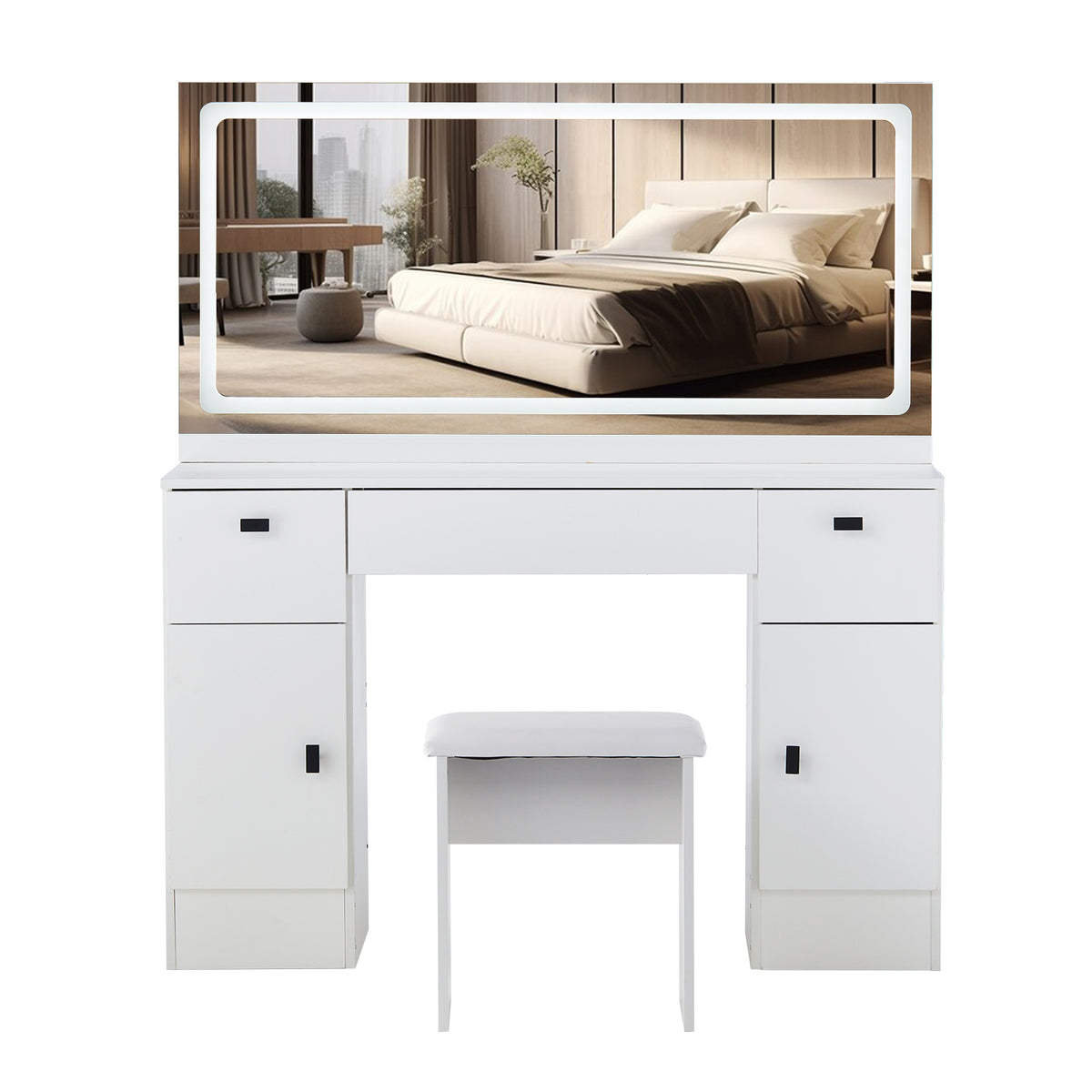 Anier LED Touch Schminktisch-Set Weiß mit Beleuchtung, Spiegel, Steckdose & USB, Ladefunktion und Hocker