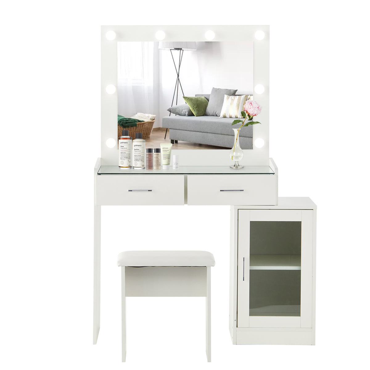 Melin Schminktisch-Set Weiß mit Spiegel, LED Beleuchtung und Hocker