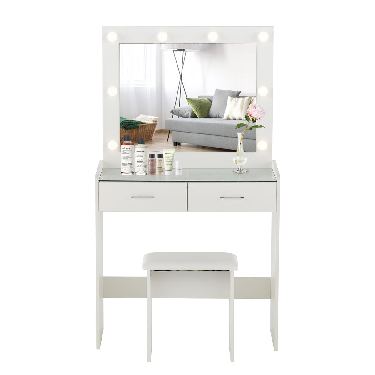 Meya Schminktisch-Set Weiß mit LED Beleuchtung, Spiegel und Hocker