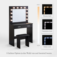 Hollywood Schminktisch-Set schwarz mit LED-Licht und Hocker