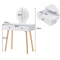 Salla Schminktisch-Set Weiß mit LED-Licht, Spiegel, 2 Schublade und Hocker