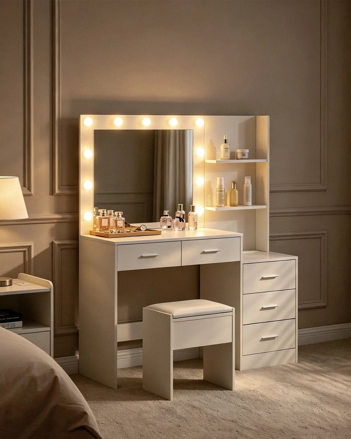 Aura Schminktisch mit LED-Spiegel und Hocker