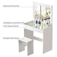 Meya Schminktisch-Set Weiß mit LED Beleuchtung, Spiegel und Hocker