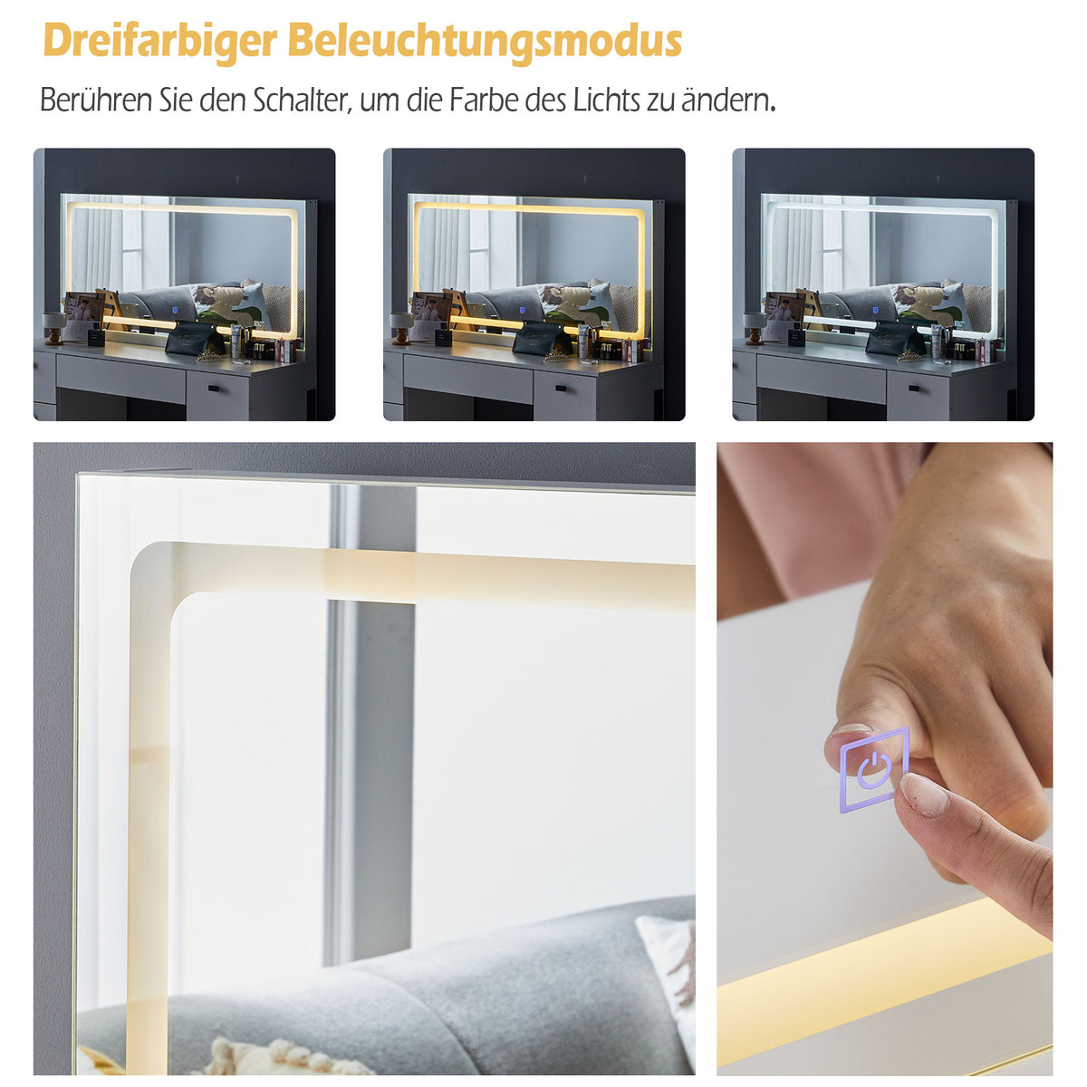 Anier Schminktisch-Set mit LED Touch Beleuchtung, Spiegel, Steckdose & USB, Ladefunktion und Hocker Weiß