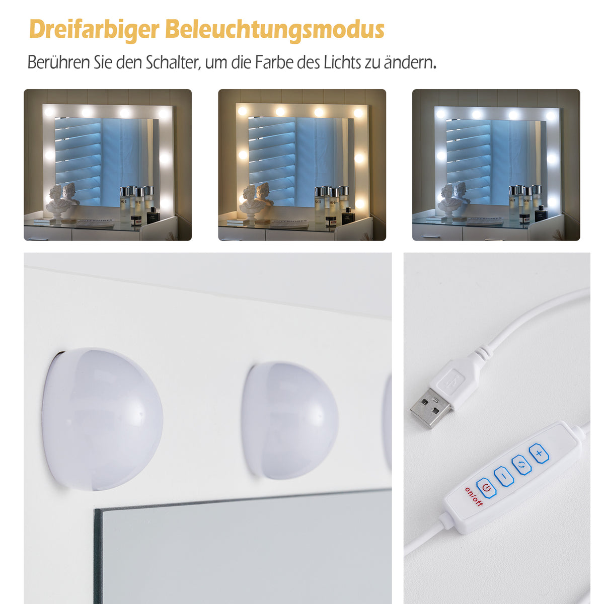 Melin Schminktisch-Set Weiß mit Spiegel, LED Beleuchtung und Hocker