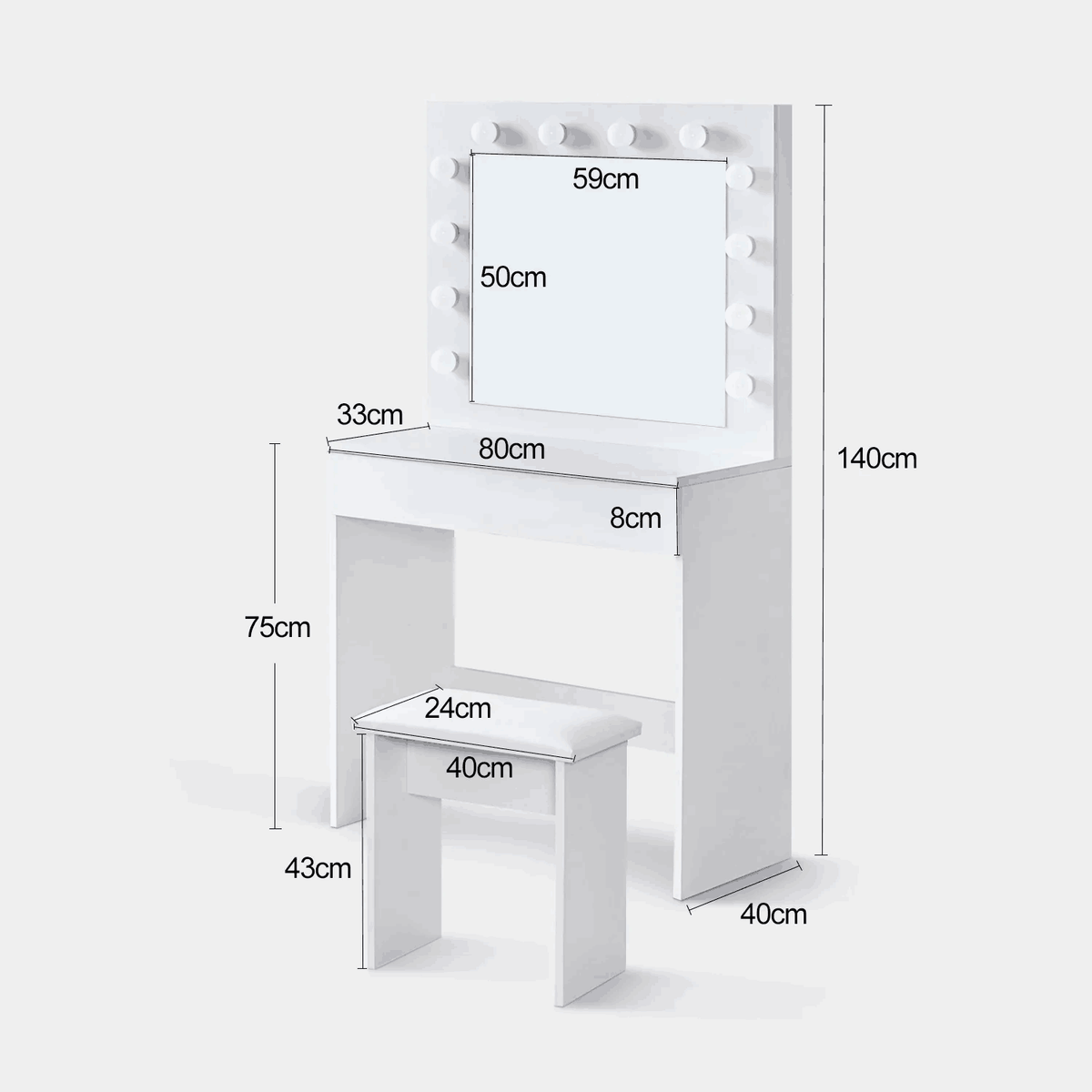 Hollywood Schminktisch-Set Weiß mit LED Beleuchtung, Spiegel, 1 Schublade und Hocker