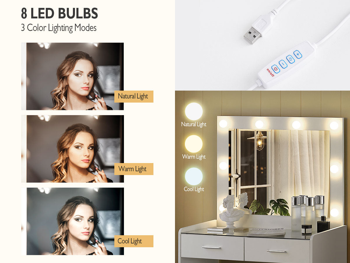 Meya Schminktisch-Set Weiß mit LED Beleuchtung, Spiegel und Hocker