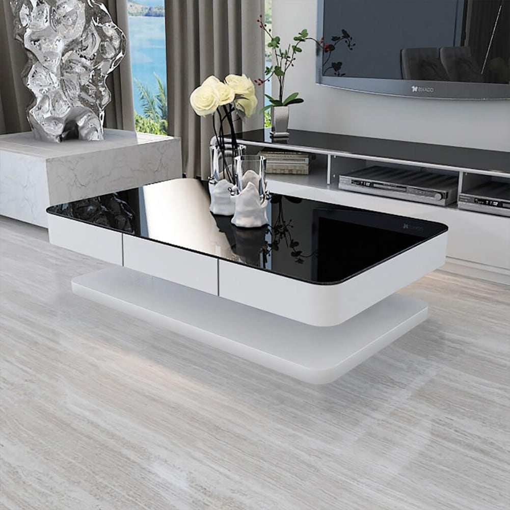 CLIPOP White High Gloss Coffee Table with 2 Drawers Glass Top
