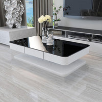 CLIPOP White High Gloss Coffee Table with 2 Drawers Glass Top