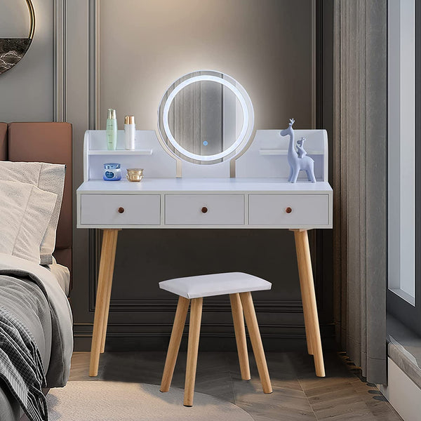 Sasja Make-up-Schminktisch-Set Weiß mit 3-farbiger intelligenter Spiegel und Hocker