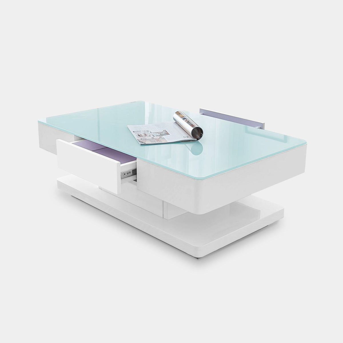 CLIPOP White High Gloss Coffee Table with 2 Drawers Glass Top